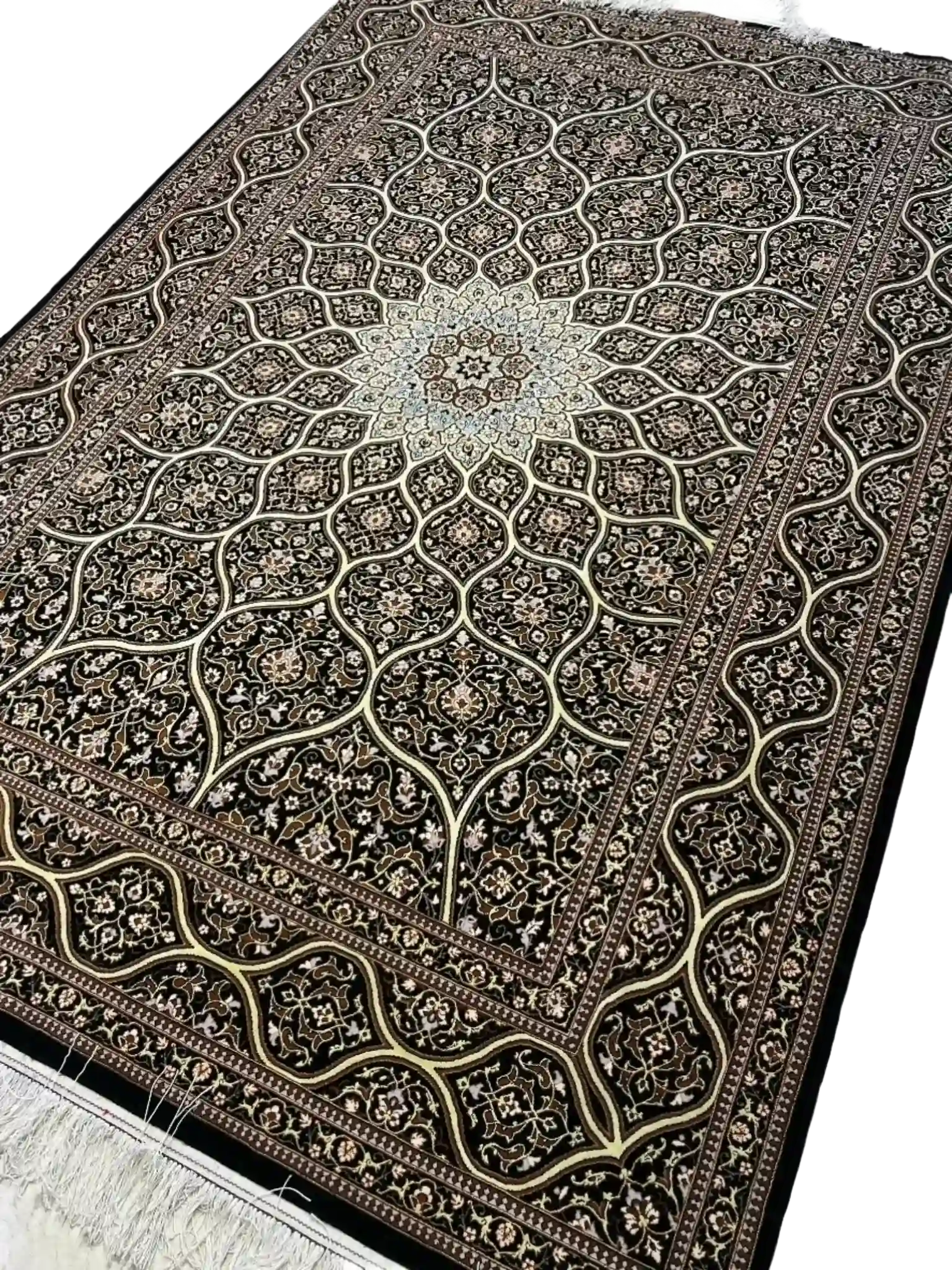 "Hand-knotted Persian rug from Isfahan with silk and wool blend, 240x160 cm, featuring intricate patterns and a knot density of 640,000 knots/m², adding a touch of luxury and tradition to your space. Ideal for home decor enthusiasts seeking authentic Persian craftsmanship."